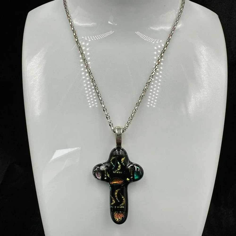 Dichroic Art Glass Cross Pendant‎ Necklace Iridescent Black Gold Teal Christian